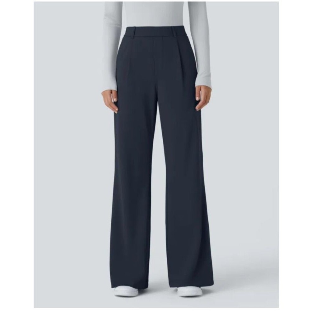 Halara High Waisted Wide Leg Pleated Dress Pants Navy Blue Medium Petite Travel